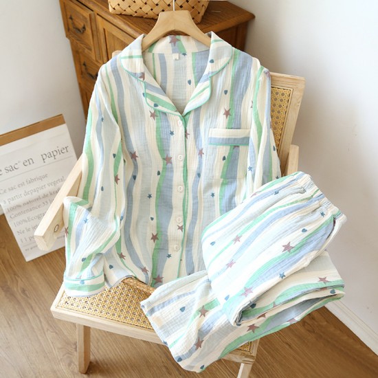 Spring and summer women's pajamas, pure cotton washed cotton couple's plaid trousers, loose, soft loungewear set.