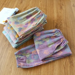 Summer women's cropped pajamas, pure cotton washed cotton plaid loungewear, loose, all-cotton casual pants, suitable for outer wear