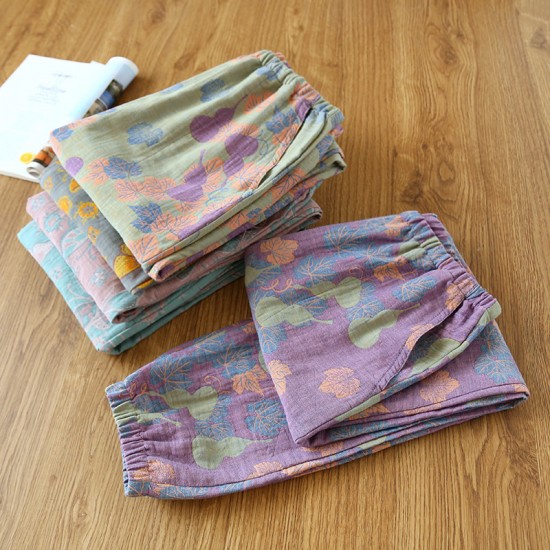 Summer women's cropped pajamas, pure cotton washed cotton plaid loungewear, loose, all-cotton casual pants, suitable for outer wear