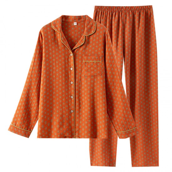 Spring and summer women's pajamas, pure cotton double-layered gauze thin long-sleeved trousers, thin, soft, loose loungewear set.