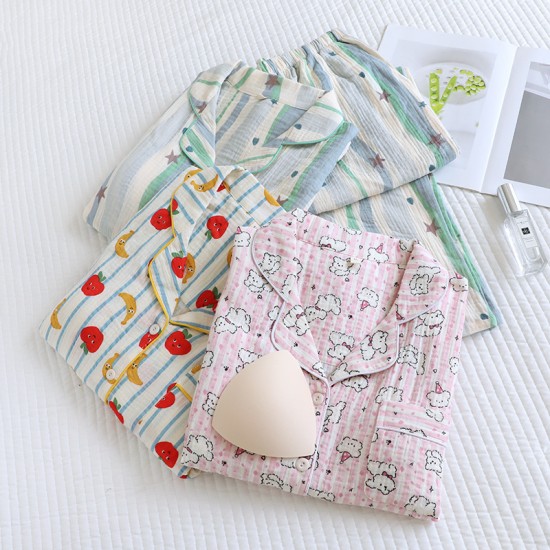 Spring and summer women's pajamas, pure cotton washed cotton couple's plaid trousers, loose, soft loungewear set.