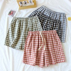 Couples' pure cotton washed cotton plaid shorts, men's and women's, soft, loose summer beach pants, large-size.