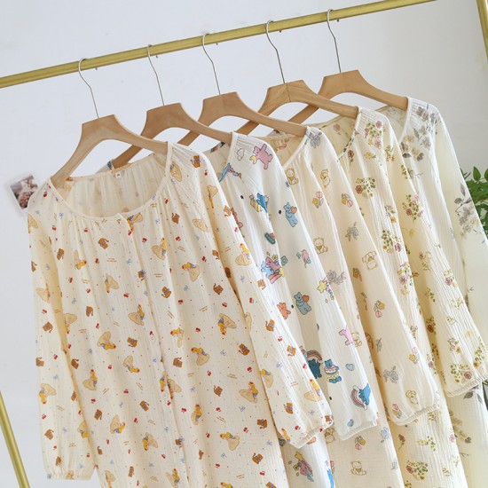 New spring and autumn women's pajamas, pure cotton double-layered gauze yarn-dyed jacquard long-sleeved, summer retro two-piece loungewear set