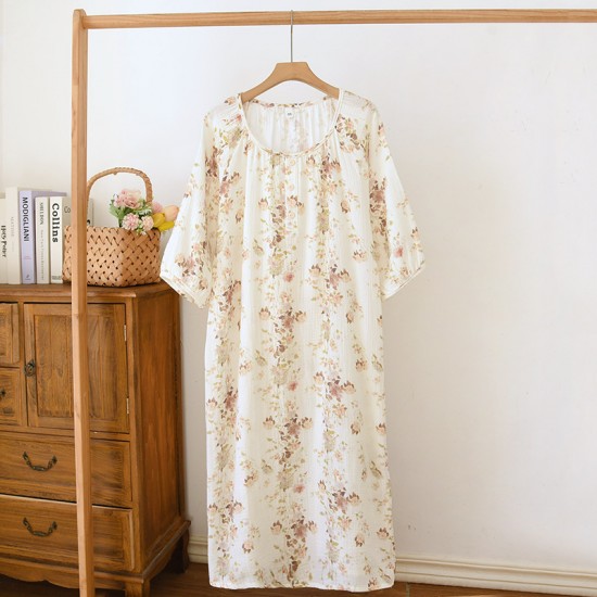 Autumn and Winter Thickened Cotton Nightdress, Air-Layer Quilted Nursing Dress, Long-Sleeved Midi-Length Homewear Dress, Pajamas