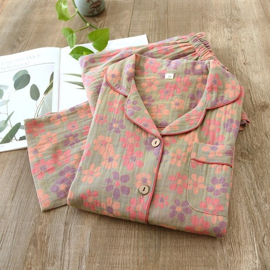 Women's spring and autumn pure cotton yarn-dyed jacquard gauze long-sleeved cardigan, retro pastoral-style all-cotton loungewear set.