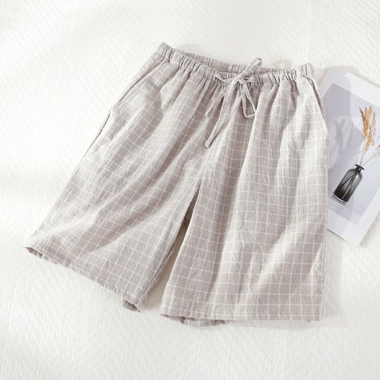 Women's washed cotton shorts, thin summer plaid pajamas, loose, plus-size, soft loungewear.