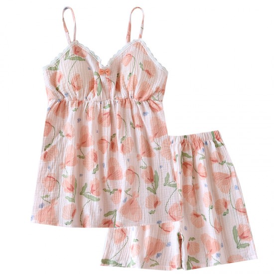 2023 new summer pajamas, pure cotton gauze, thin shorts and plus-size loungewear, two-piece set.