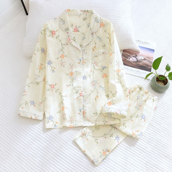 2025 spring new pure cotton gauze pajamas, women's loungewear set, long-sleeved, thin crepe, summer cotton