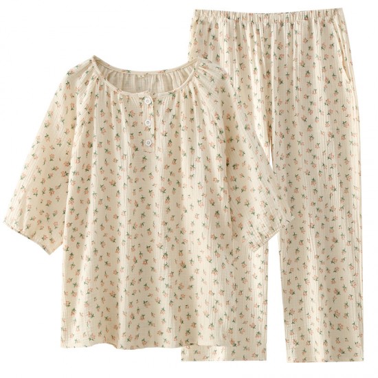 Women's pajamas, pure cotton double-layer gauze, round-neck, long-sleeved, spring and summer thin cotton floral crepe loungewear set