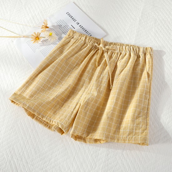 Women's washed cotton shorts, thin summer plaid pajamas, loose, plus-size, soft loungewear.