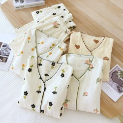 Women's padded pajamas, V-neck pure cotton double-layer gauze long sleeves, thin spring and summer loungewear two-piece set.