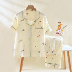 Women's summer pajamas, plus-size, pure cotton, double-layered gauze short-sleeved trousers, refreshing, soft, loose loungewear two-piece set