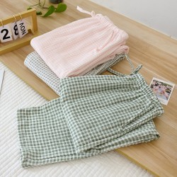 Japanese-style women's pajamas, plus-size, pure cotton, double-layered gauze loungewear pants, thin, soft, crepe, casual loungewear pants for spring and summer Summer women's rayon short-sleeved shorts, thin, open-front cotton silk, loose loungewear, soft