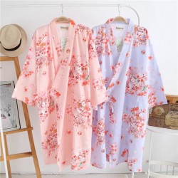 Japanese-style kimono robe, women's spring, summer, and autumn pure cotton double-layer gauze nightgown, all-cotton loungewear, yukata bathrobe.