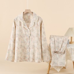 Women's spring and summer pure cotton gauze long-sleeved trousers, colorful flower pattern, thin, soft, spring and summer loungewear set.