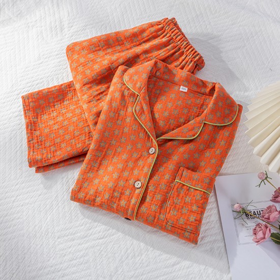 Spring and summer women's pajamas, pure cotton double-layered gauze thin long-sleeved trousers, thin, soft, loose loungewear set.