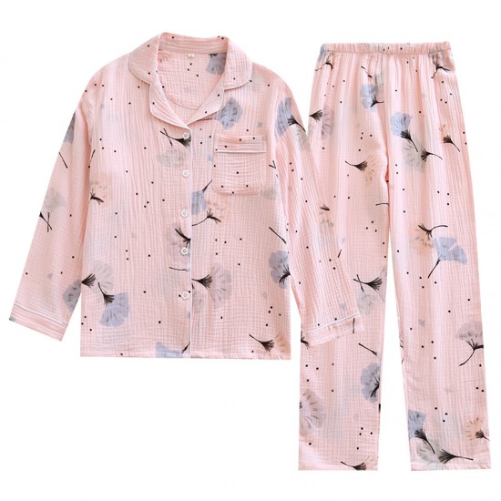 New women's pajamas, pure cotton double-layer gauze loungewear, thin, soft, spring and summer crepe loungewear