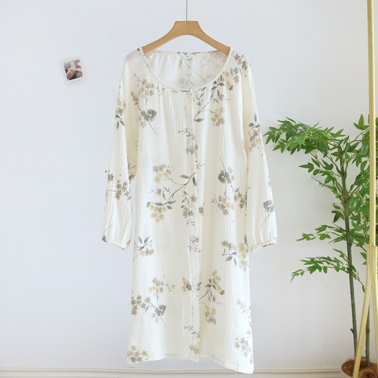 New spring and autumn women's pajamas, pure cotton double-layered gauze yarn-dyed jacquard long-sleeved, summer retro two-piece loungewear set